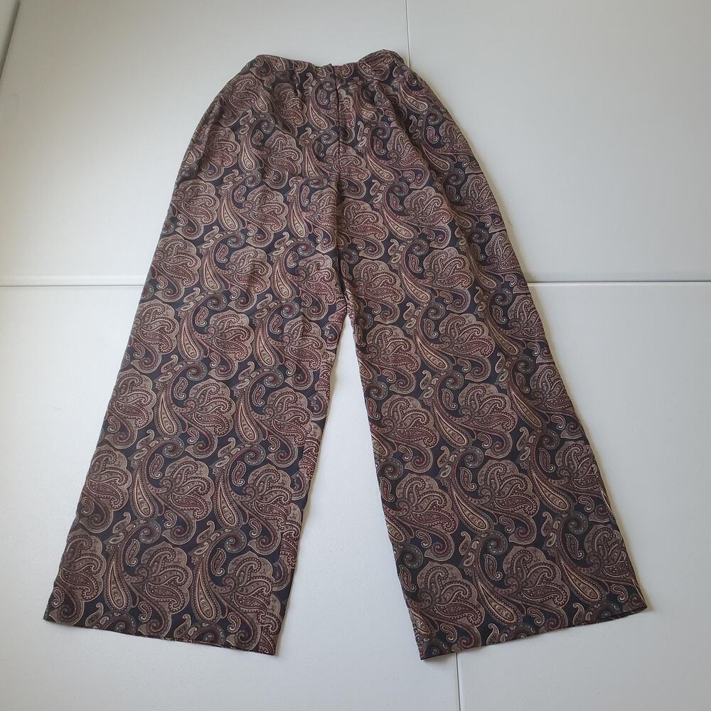 Vintage Nancy Heller Pants Womens Small Silk Brown Paisley Wide Leg Boho Career